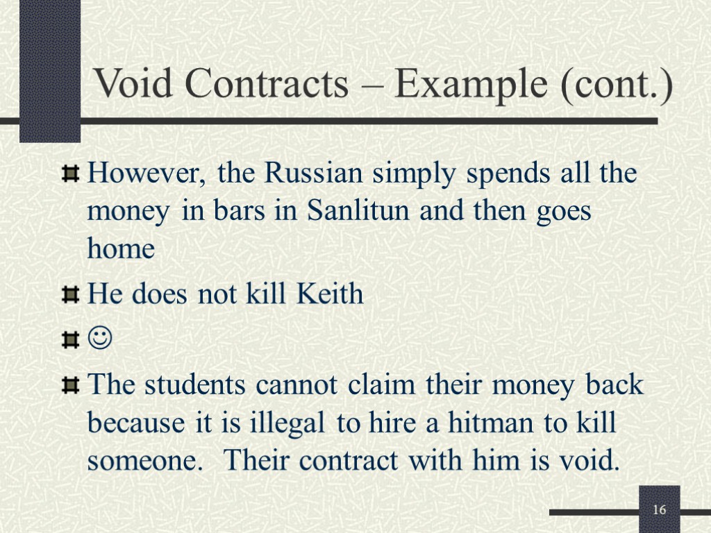 16 Void Contracts – Example (cont.) However, the Russian simply spends all the money